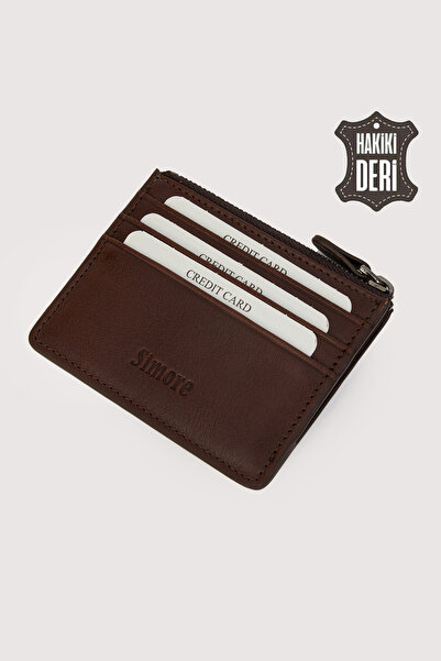SİMORE محفظة حاملة بطاقات من الجلد الطبيعي بسحاب باللون البني SMR9047
