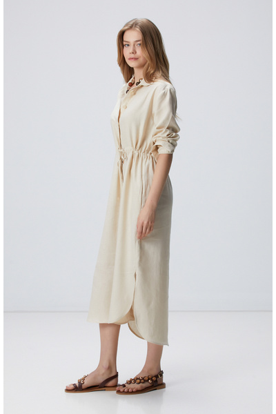 Network Bej Keten Gömlek Elbise