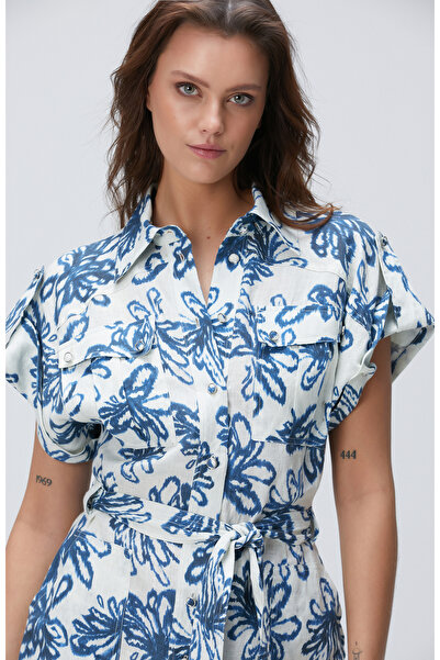 Network Mavi Desenli Keten Tulum