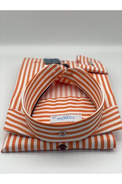 Fitmens Slim Fit Long Sleeve Lycra Striped Collar Buttoned Gift Boxed Men's Shirt Fs-003669 - Orange