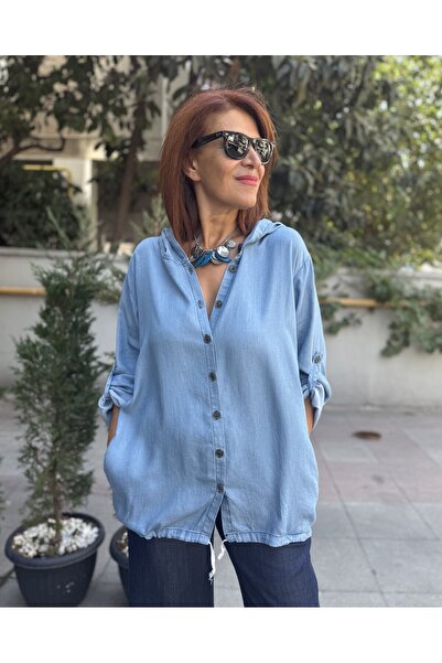 DenizEge Liyosel Back Embroidered Hooded Denim Shirt