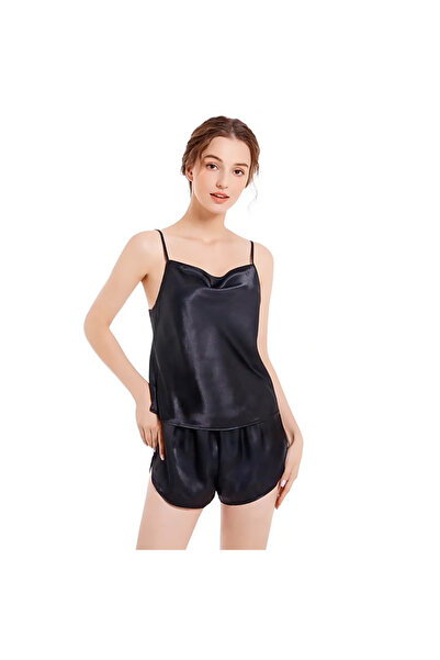 Rotixfy Pajamas Set in Satin for Women, Black, Size S, Elegant Tank Top and Shorts