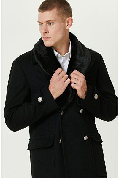Network Siyah Kürklü Yün Kaşmir Karışımlı Palto