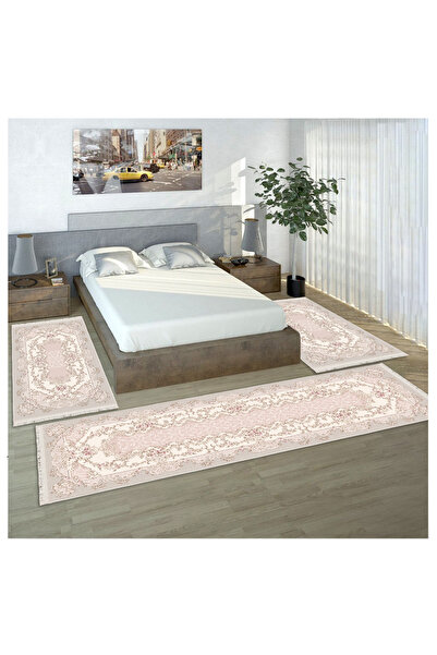 STY Home Pembe Çicekli Dijital Baskılı 3 'lü Yatak Odası Halısı Yolluk Takımı...