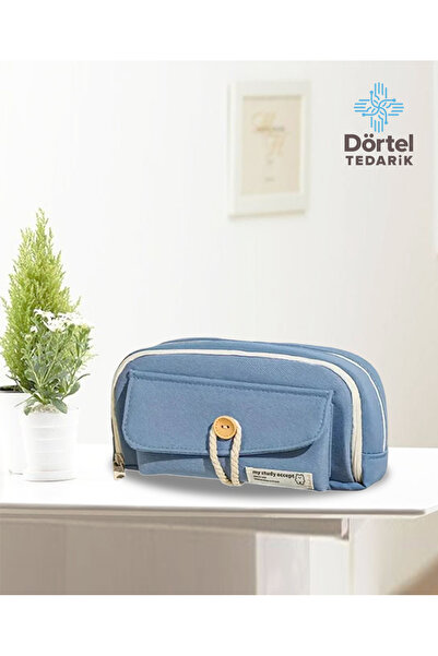 Dörtel Tedarik Vintage Düğmeli Geniş Büyük Kapasiteli Çok Bölmeli Kalemlik Makyaj Çantası Mavi