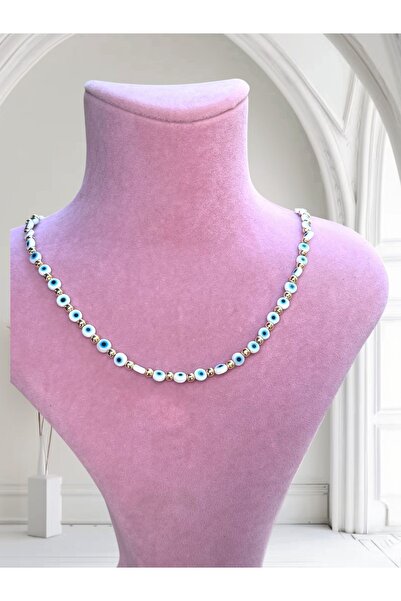 PS ACCESSORİES Altın Detaylı Mavi Nazar Boncuk El Yapımı Boncuk Kolye