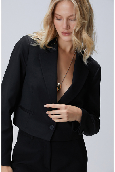 Network Siyah Yün Karışımlı Crop Blazer Ceket
