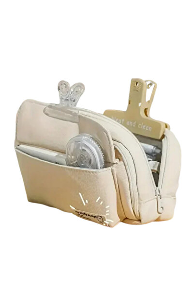 Dörtel Tedarik Vintage Düğmeli Geniş Büyük Kapasiteli Çok Bölmeli Kalemlik Makyaj Çantası Mavi