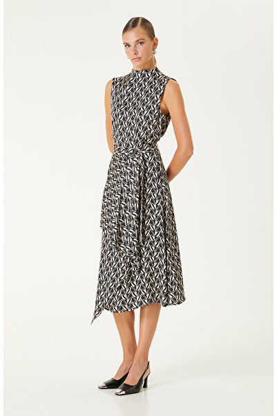 Network Lacivert-Kırık Beyaz Desenli Midi Elbise