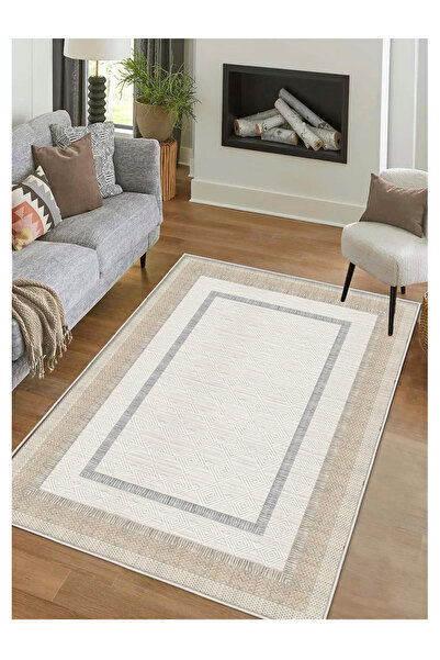 STY Home Krem Dijital Baskı Halı Kaymaz Tabanlı Yıkanabilir Halı Yolluk Salon...