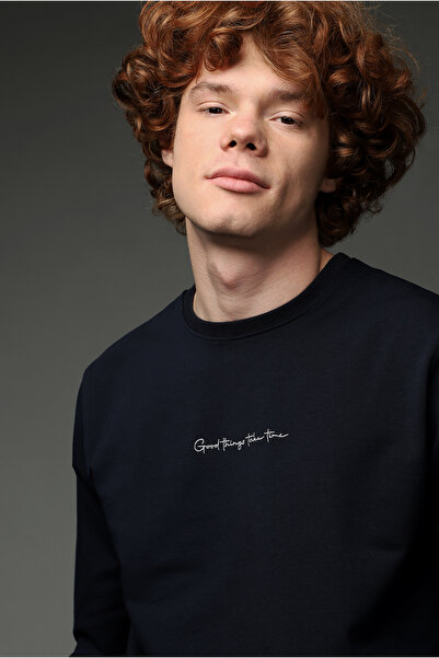 Kiğılı Bisiklet Yaka Nakışlı Pamuklu Sweatshirt