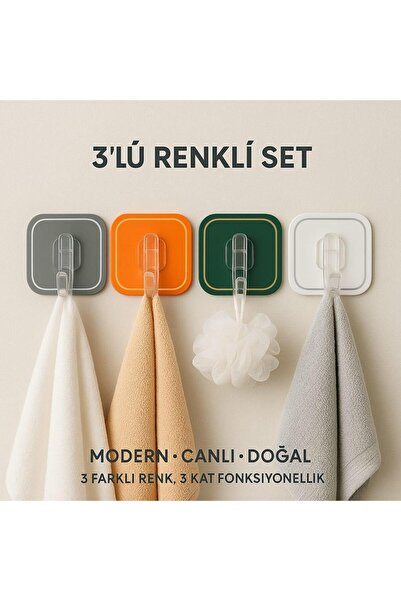 PARLAK EVREN 3 LÜ RENK Kendinden Yapışkanlı Güçlü RENKLİ Askılık - Kapı Arkas...