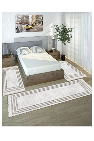 STY Home Gri Dijital Baskılı 3 'lü Yatak Odası Halısı Yolluk Takımı 80x150 2 Adet 80x300 1 Adet 13