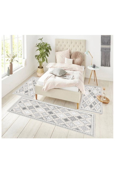 STY Home Gri Dijital Baskılı 3 'lü Yatak Odası Halısı Yolluk Takımı 80x150 2 ...