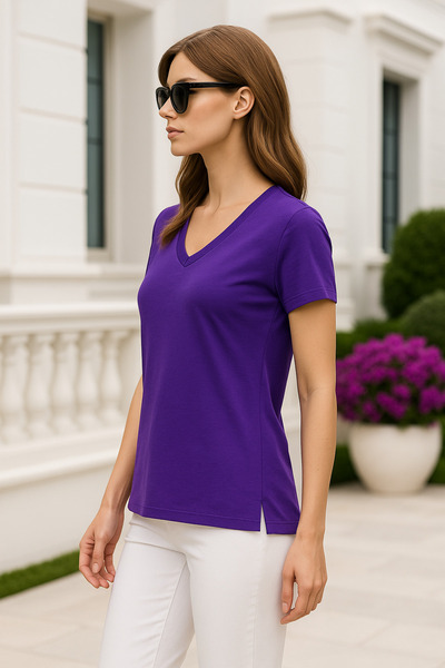 Rich Women's Purple Viscose V-Neck Basic Short Sleeve T-Shirt