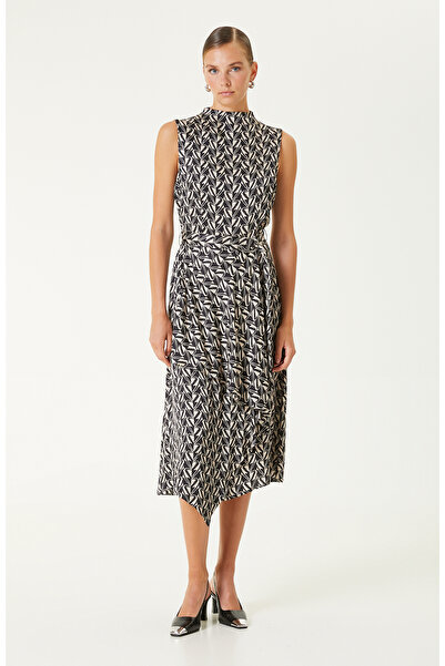 Network Lacivert-Kırık Beyaz Desenli Midi Elbise