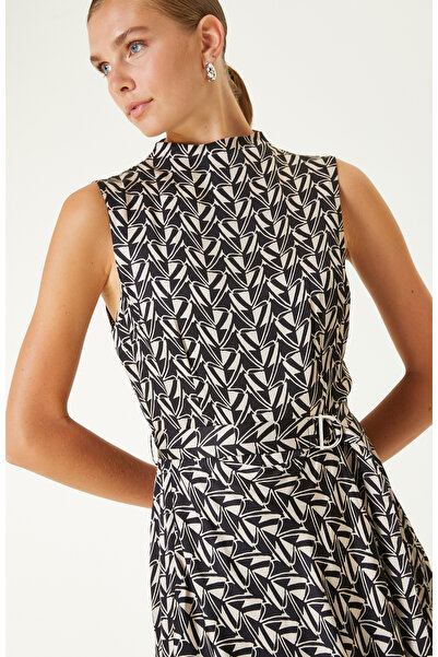 Network Lacivert-Kırık Beyaz Desenli Midi Elbise