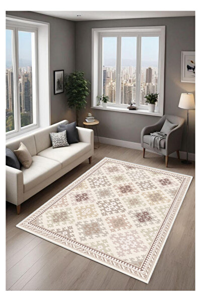 STY Home Batik Kaymaz Tabanlı Yıkanabilir Halı Kilim Yolluk Krem Kahve Rengi