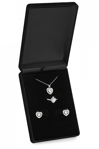 Forentina Gümüş Kaplama Kalpli Kolye Küpe Yüzük Siyah Kadife Kutuda Takı Seti...