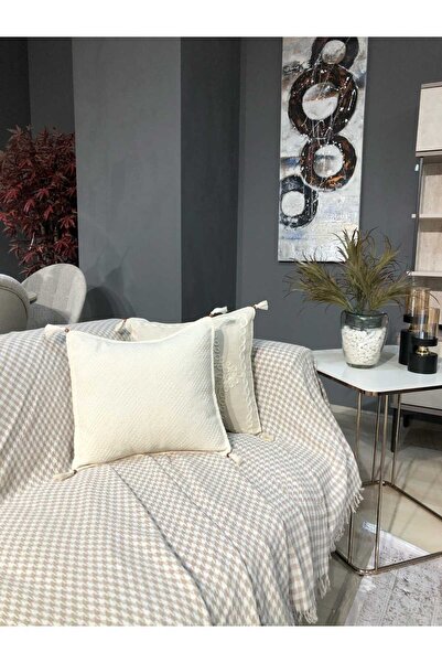 LUWİNO HOME Kazayağı Desen Kolları Kapatan Saçaklı Koltuk Örtüsü Bej 170*300 Cm