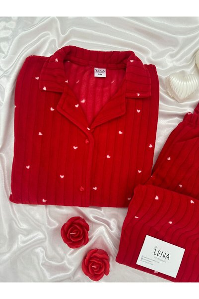 Lena Homewears Red Dreams Heart Patterned Buttoned Fleece Pajama Set