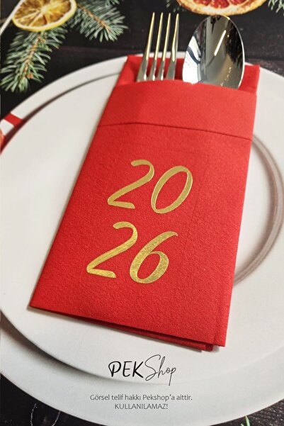 PEKSHOP Fabric Textured Red Napkin with Gold Foil 2026 Written New Year's Tab...