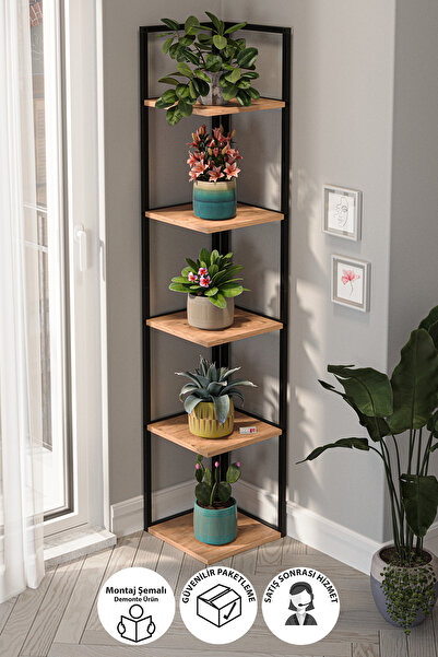 Bofigo 5 Raflı Metal Köşe Çiçeklik Saksı Standı Dekoratif Aksesuar Rafı Saksılık Selanik Çam