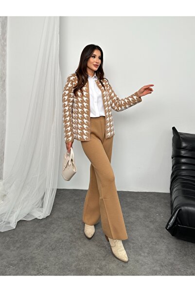 Hatun Atila Hatunatila Goose Foot Patterned Knitwear Double Set Camel - 3028