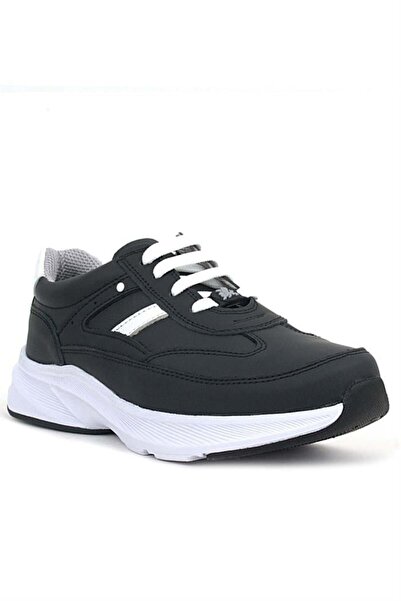 Rakerplus Genuine Leather Black and White Metal Detailed Lace up Girls' Sports Shoes