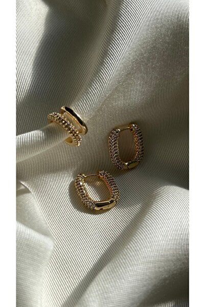 Vi store Altın Kaplama Taşlı Oval Küpe