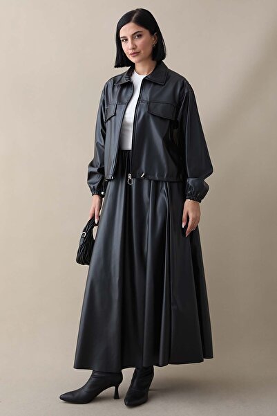 InStyle Set din piele neagră cu fustă și jachetă