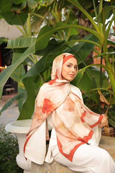 Mira İpek Desenli Bambu Kraş Şal Tok Duran Kadın Şal Kiremit