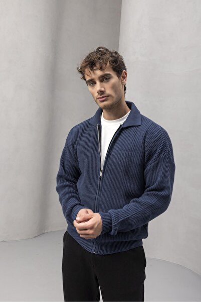 Valiberta Coppola Selanik Örgü Polo Yaka Cepli Fermuarlı Rahat Kalıp Erkek Triko Hırka - İndigo