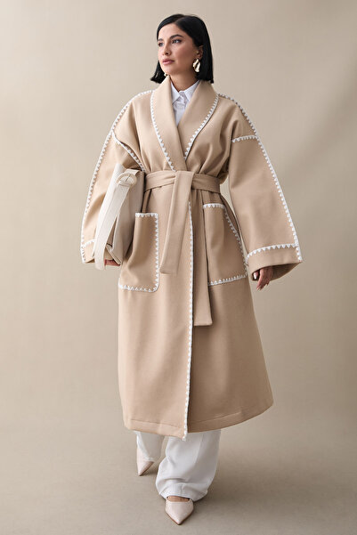 InStyle Çoban Dikiş Kuşaklı Taş Kaşe Kaban