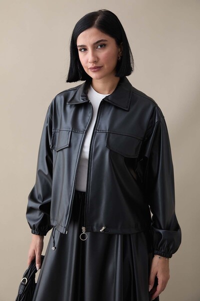 InStyle Set din piele neagră cu fustă și jachetă