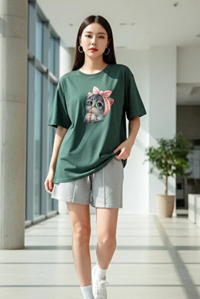 UNCİA OUTDOORS χαριτωμένο μπλουζάκι unisex με στάμπα γάτας oversize βασικό με...