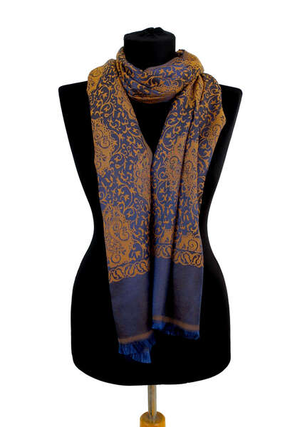 modaipek Çift Taraflı Pamuklu İpek Fular Mavi Turuncu 70 x 180 cm