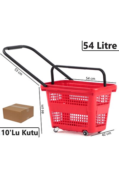 Marketix Tekerlekli Plastik Market Alışveriş El Sepeti 54 Litre Kırmızı 10'lu...