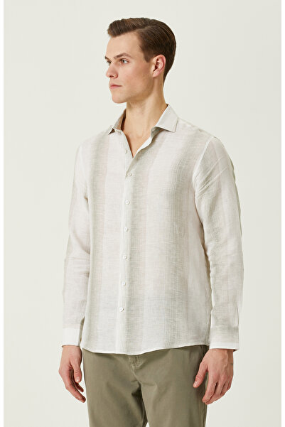 Network Ekru Haki Çizgi Desenli Keten Gömlek