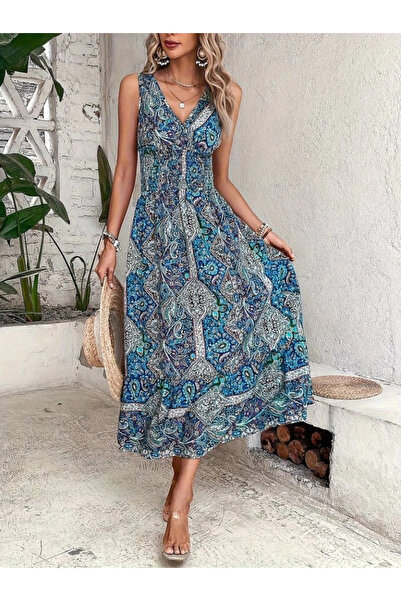 buHillco Жіноча сукня Супрем з нульовим рукавом та талією гіпелі з етнічним візерунком