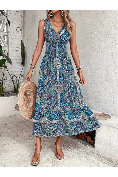 buHillco Rochie de damă din jerseu cu mânecă zero cu model etnic cu talie