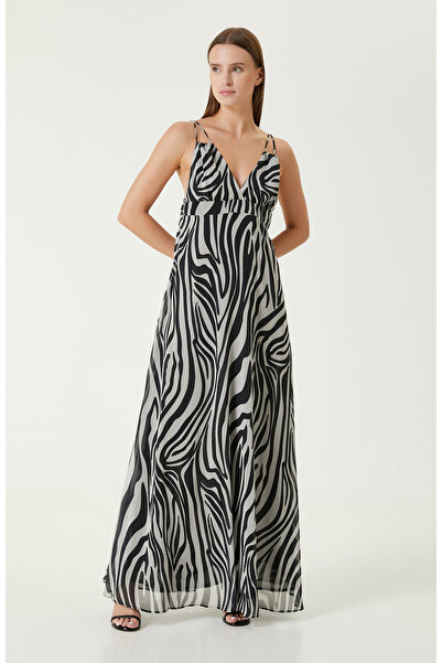 Network Siyah Beyaz Maksi Şifon Elbise