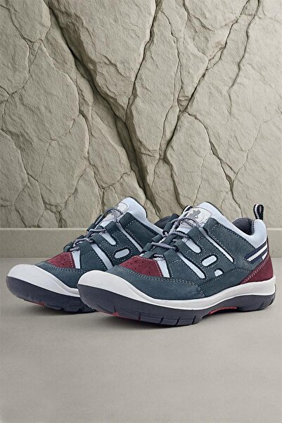 Rakerplus Genuine Leather Gray Claret Red Rubber Laced Children's Outdoor Shoes