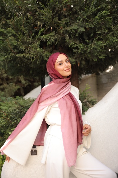 Mira İpek Degrade İki Renkli Bambu Kraş Şal Tok Duran Kadın Şal Mürdüm Pembe