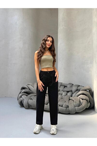 BİKELİFE Women's High Waist Boyfriend Lycra Pleated Mom Jeans