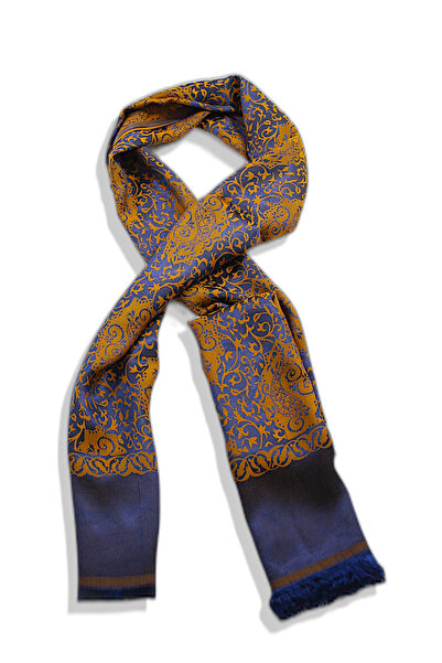 modaipek Çift Taraflı Pamuklu İpek Fular Mavi Turuncu 70 x 180 cm