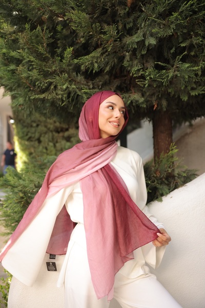 Mira İpek Degrade İki Renkli Bambu Kraş Şal Tok Duran Kadın Şal Mürdüm Pembe