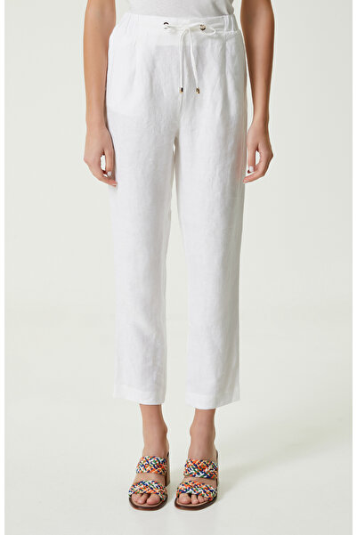 Network Beyaz Beli Büzgülü Keten Pantolon