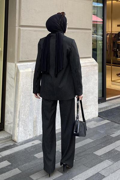 lamelif Striped Jacket Hijab Set Black