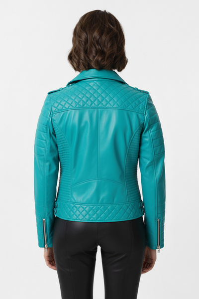 Deriderim Turquoise Laney Biker Biker Women's Zippered Lined Stitched Epaulet Short Genuine Leather Coat
